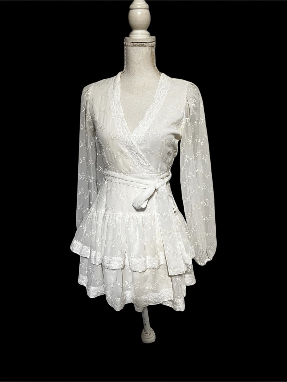 saltwater LUXE white Lace tiered wrapped  mini dress